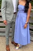 I loved the color of this dress and the style. I ordered a small which fit well in my chest but was a little big on my bust. The waist section is tight enough that I didn't feel like it would fall. Body tape could've fixed the problem. It wrinkles easily but also it's easy to iron. Overall I got a lot of compliments. - Puja P.