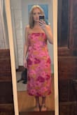 I bought this for the rehearsal dinner for my daughter's wedding. I usually wear mediums, but after reading the reviews, I decided to go with a large. It's big on me, but a medium would have been too tight. I'm bigger in the hips and butt and I did't want it super tight through that area. The chest part is too big and will have to have alterations, but for the rest of the dress, I think I'll leave it loose. - Amanda O.