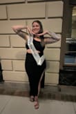 Wore this for my bachelorette. One shoulder, cut out in the stomach and high slit was very pretty and so comfy. Fabric is very stretchy. - Brynne P.