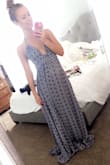 I ordered the XS. This dress is long on me, even with wedge heels on, so I will have to have it hemmed about 6 inches.  The straps kept getting all tangled and were hard to work with, so I ended up cutting the ones off the back and now wear it as a halter. It's really flowy and I love that for spring and summer time! It's a perfect combination of sexy and cute.  I wouldn't recommend wearing a bra with this, just pasties. - Lauren C.