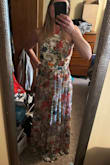 Love, love, love the pattern and the cut. I was between a small and a medium so I sized up to the medium. I'm going to get it altered so it fits me like I want. I have to help quite a bit at the wedding I bought it for, so I'm going to get it shorted to ankle length. I'll end up taking about 6 inches off. Love this dress. I wanted to buy something I could wear again and this dress checks those boxes. I'm giving it 4 stars because I think most people will need to get it shortened to wear it without tripping over themselves. - Karlyn K.