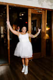 Used this as my reception dress at my wedding. Full disclosure, I had the dress pretty reworked to work for me. Ended up taking away the tie straps and making just regular straps, and shortened the dress considerably. The appliqués on it came off during the wedding at some point. This is also a very strange material of dress. Overall, it looked cute and worked fine, but I wouldn't necessarily recommend. - Tasha K.