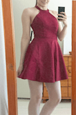 The fabric is great quality and this really fits me the way I was hoping it would. Cute and elegant, definitely worth the investment. It even has an underskirt in case the wind plays tricks on you. (Don't mind the wrinkles, I tried it on fresh from the package, not ironing or washing it first.) - Peppi P.