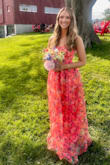 I loved the style and color of this dress. I spent weeks looking for a floral, maxi length dress for a summer wedding. I purchased a medium - I did have to take it in two inches at the seamstress and probably could have taken an inch off the bottom- it was a bit long. But the dress was very comfortable and so beautiful- I got a lot of compliments! I'm very happy with this purchase! - Elizabeth F.