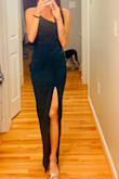 Love this dress, it fits perfectly, and with 2" heels, the length was absolutely perfect for my almost 5'6" frame. It's classy with a touch of sexy. The slit gives it the perfect amount of sexy without being too revealing - Lindsay L.