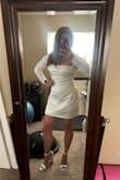 Found my beach wedding dress! It is very fitted on the chest area it doesn't stretch (I'm 36C, 5'3 '', 140 lbs) and I fit on a medium. The waist is perfect fit and I like that the bottom is not too tight, it's very comfortable. The sleeve is beautiful and I'm glad for the long sleeve because I wanted to cover my big arms. Great for a bridal shower dress too! - Sherrylann F.