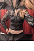 This top is gorgeous! It fits true to size, but I'm glad I ordered a size up. The fabric does not stretch, so make sure your measurements are updated and that the specs match up. It clasps in the front (like bra hooks). The sleeves are extra soft and the lace fabric is stretchy. Just beautiful! - JENNIFER N.