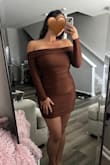 I'm obsessed with this dress! I'm a huge fan of off-the-shoulder styles and can't wait to wear this one out! It's the perfect size fit, and a M would've been too tight. The fabric is flattering, especially in the tummy area. It is on the shorter side, so just keep that in mind when walking or sitting. But overall, I LOVE it! - Alison B.