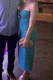 I wore this for a rehearsal dinner dress where the theme was "be my something blue". It was so cute, but I feel like it was darker in person than on the website. I thought it would be more of a baby blue, but this was a deeper turquoise. Still pretty. - Trinity B.