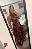 The dress is gorgeous! I got it for a wedding in September, and it fits really well. The fabric is soft, and I love the color! It will definitely need to be hemmed, but a large fit perfectly - Kathryn B.