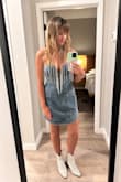 Love this dress! It was perfect for a night out in Nashville! Not too risqué but still super cute with the glitz! The denim fabric is not stiff and comfy. Having a small chest and this dress being a halter, didn't make it a night having to keep pulling it up and readjusting. Low maintenance which is what I was looking for. The length was perfect, hit mid-thigh. - Tiffany L.