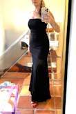 Love the dress, super elegant. I was afraid of the bottom being too see-through, but it's just a hint, very classy. Definitely need heels with this one it's long but not as long as some others I tried on the very top of the dress where they have a sticky portion to hold it on is very thin that part isn't the greatest because it can roll over so I will be wearing a bra with this one, but love the dress with red shoes. - Julie M.