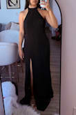 TLDR: Cheap-ish material (sits oddly on the body), sizing is tough, LOVE the back though. Ordered in a size XS originally and it was too snug around the hips. Returned for a size up and the S was too big around the bust. The material itself felt a bit cheap. The way it wrinkles and hugs the body when you sit is not so flattering. Ordered for a black tie wedding and returned both sizes. - Angela L.