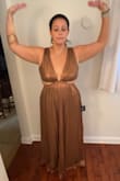 Ok please disregard the light green Spanx sticking out in the back picture but wanted to include it to show how the top closes- it is two buttons, NOT a zip closure up top. I was pleasantly surprised at how much less revealing I expected this dress to be when I tried it on, and the copper color truly is to die for. However, it does run really large and is SO long on me (I'm 5'9) so I would need to wear heels, and as much as I'm in love with this dress, she is going back. TBD on if I'll exchange for a smaller size or not, but I wanted to post a review mostly to show it's not as crazy revealing with the cutouts as the model pictures might indicate :) (even while dancing lol) - Allie M.