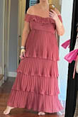 I wanted to love this dress so much and should've because it's in my color season. It's an A-line tiered maxi, and it has arm coverage at the thickest part of my upper arms, but I felt like it just looked boring on me when I tried it on, so she will be sadly going back. This is the perfect dress for someone, just not me :) - Allie M.