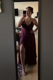 I have a wedding coming up in October. I wanted something that was good quality for a good price and could be worn for both a formal wedding and/or less formal wedding. This is perfect, good quality, thicker. Straps are adjustable based on bust size. The slit is great, not too revealing. The only thing I will note is that the waist portion is tighter and doesn't go down to my belly button since I have a large bust. The mid seems scrunches up right under my ladies - it's fine, but the photo can be misleading. - Abby D.