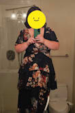 The dress fits great. I have big boobs, but I'm able to squeeze the girls into this dress, and I'm not worried about them falling out. Very flattering dress, and the flow is awesome. Like others have noted, the zipper is sticky along the waist, but my husband can do it for me so no biggie. I ordered the Navy Blue and it's closer to a black dress, I feel like the photos are untrue to color.

*standing on a step stool to get the best pictures = - Genevieve W.
