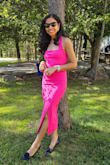I was truly amazed how lovely this dress looked on me. The Fuchsia pink colour is so beautiful; it looked so great on a crisp sunny morning event. It fit me like a glove. The halter neck was slightly loose. I body taped it for a snug fit, but it was just fine without it too. Can't wait to wear it again! - Aasma K.