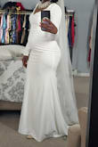 Firstly, I am 3 months postpartum and still have some weight to lose so I am in between sizes. But based on other reviews, I got a medium and it fit the way I wanted. Fitted in the hips and thighs area, but draped nicely to the ground with fabric to spare for when I wear heels. The fabric is lined and not see-through. It's very stretchy and roomy without being too loose. One problem, the shoulder area was a bit loose due to how the back was cut. Quick fix though. Overall, the dress is a good balance between sexy and classy. I loved the dress, but I opted for a sleeveless dress from lulus for my wedding next march! But for long sleeve lovers, this dress would be great for a fall/winter, even an early spring wedding. It will keep you warm without being too hot. Buy it, it will surprise you! - Charlene S.
