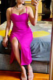 I wore this dress as a daytime wedding guest and got so many compliments. It fit perfectly and has really good support on top so I didn't need a bra. The wrap slit is perfect when standing up and walking around, but it does go up really high when sitting down, so that's something to be aware of. I got the magenta color, which looked really good, but I wish this dress came in more colors, especially a red or burgundy, because I would totally buy. - Nalini C.