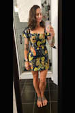 I ordered this dress in a small based on the fit finder. It is a perfect fit. There isn't any wiggle room, so be conscious of that. If you want something a bit looser, I would size up. The wedding is upcoming this weekend, but I added a pic of my try on for reference. The material is nice quality and I love it. I ordered another dress for my daughter, and the fit was off. Customer service on that order was excellent. - Marjorie R.