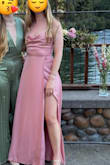 Fit was great, dress was comfy and looked good, even though satin can be hard, it was a good shape with the silt. Was just long enough to wear with 3 heels. Straps were adjustable with ties, so the fit on top was good. I did have to wear a sticky bra to fill it out. - Hannah G.