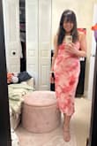 I fell in love with this dress at first sight! Bought it even without having an occasion to wear it to. Love how girly the print is. I took a chance and bought a M since it said it has a fairly loose fit. That definitely worked for my body - as anything fitted would not have worked I think. I have a bigger waist, and a straight-ish figure. The placement of the print made me look like I have nice curves. - Kathleen G.