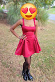 My daughter chose this dress for homecoming. The color is beautiful. She loved the fit, and the flare detail was so cute and accentuated her waist. The only criticism I have is the straps were a little too long. I had to pin them down so they wouldn't be falling off her shoulder all night. - Chrystol N.