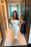 LOVED this dress! I did have to get the straps taken in a little, but I'm 4'11 so that's normal. The material is not see-through at all. It has just enough stretch to it that you can eat, breathe, and dance comfortably but still look snatched. Would definitely buy this again in other colors!! - Michelle B.