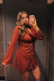 Bought this dress for a couple's fall photo shoot! It was beautiful, and the color is exactly how it looks in the photo. It is stretchy, so you could maybe size down. Also, if you are a tall girl, it will be a little short, but nothing too uncomfortable!! - Lauren S.