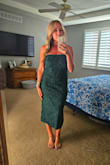 The color on this green dress was so rich and pretty. Very flattering! The details on the fabric were so pretty and they made the dress very forgiving of any little flaw. Bonus that I could wear comfy underwear without any lines showing! I have a large chest and did not have any issues with it falling down while dancing. Great purchase and worth the price. - Christina B.
