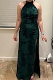 Fabric is lightweight (dress is unlined), but I like the tie neck and the color. The slit is quite high. - Erin G.