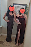 This dress is stunning. It had the perfect amount of stretch to make it comfortable to wear as a wedding guest. The slit is pretty high, so if you're not ok with a high slit, you may want to pin it. I got a lot of compliments, and it felt very expensive. I got the red rust color, and it was perfect for a fall wedding. This dress would be a good classic piece to own in black, too. - Alicia B.