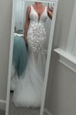 I realllly wanted this to be the one, but I didn't love it on. Great for someone, just not me. Made my side boob look super weird. Fit well otherwise. Looks a little more "nude" underneath than what I was expecting or wanting for a small family wedding, but I do love the gown - Alli H.