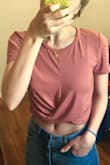 For tops, I usually get x-small or small. However, this one I got in a size medium (as per the rest of the reviews' suggestion) and it fits perfectly! Comfy, smart, and cute! - Camille T.