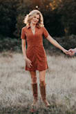 The fit is perfect! I also find the corduroy material very soft and comfortable! I will be purchasing this dress in another colour! - Charlene B.