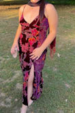 I got so many compliments on this dress, and it's stunning in photos! The color is vibrant, and the pattern/velvet material just elevates the look! Perfect for a fall wedding. I would say it runs true to size/maybe slightly big- for me, my waist and hips run about a size XL while my tops are M/L, so I was glad I measured myself while looking at the sizing chart and went off of just my hips and waist measurements. I'm still glad I got the XL because it fit the widest part of my body, and then I just quickly pinned the straps back. It was so comfy, I felt comfortable and confident! - Megan P.