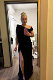 Fit perfect. Perfect length with the heels I had on. I got so many compliments on this dress. Only thing I didn't love about this dress was that there is a huge bow on the shoulder. Didn't notice it in the pictures, so maybe that's my fault, but since it was black, it wasn't as noticeable. - Rachael S.