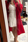 I love this dress! I was really happy this dress actually fit my bust, given that most dresses don't. Love the leg split. I got a bodysuit with built-in bra to wear under it, but a normal bra would def work. Super cute!! Bit wrinkly when it came in, but I got a steamer to fix that. - Allie T.