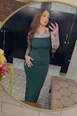 First of all, this dress is sooooo stretchy. I was so comfortable throughout the night in this dress and got stopped almost every hour by someone complimenting how good it looked. My husband liked it so much, he is going to be buying it in blue for me too! I think, based on my measurements, I would technically be a large, but I wanted a form-fitting fit, so I ordered a medium. I would recommend sizing down if you like your dresses to be form-fitting, but with the stretch, I think I could have ordered a large and had a similar fit. There are no zippers or buttons! I was able to put it on by stepping into it and pulling it up. I could have done cartwheels in that thing, and I don't think it would even be close to ripping a seam. As a sweatpants girly, this was a treat to wear, considering how comfortable it is. - Hannah W.