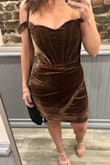I loved this dress! I got soooo many compliments. I usually go with a Large for "shorter" dresses for the length, but it was a little too big. I also wore the straps off the shoulder. Perfect for a fall wedding! - Carley X.