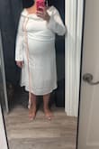 I used the size finder, and it said it would fit, but that was a lie. I'm 5'8, 220 lbs and 25 weeks pregnant. I couldn't even get it on. Lulus sizing seems to be all over the place. I've been a XL-2X in their bridal dresses. The quality of the fabric was meh. And I wasn't impressed. - Emily M.