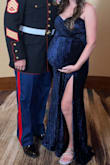 Loved this dress! It was so comfortable, beautiful, and fit me at 38.5 weeks pregnant. I'm 155 right now and ordered a large. There's so much stretch! The only fault is IF you're incredibly pregnant, the slit is high. Overall 10/10! - Stacey D.