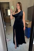 This dress is absolutely beautiful! The fit is really nice for pear-shaped girls like me who don't want to wear something form-fitting. Super flattering cut! The fabric is soft and heavy, feels and looks high quality. It is definitely long, and even with 3 inch heels, I would need to have it tailored. The color is accurate to what is shown online. The slit does come up rather high, but it didn't feel like my leg would always be on display because the skirt has some fullness to it. You have to make an effort to stick your leg out. I ended up returning it because I found something else I loved just a little bit more, but I felt like a star for sure. Do not hesitate if you're thinking about this dress! Great for a winter wedding or formal event. - Emma V.