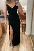 I didn't expect much for this dress, but was quite surprised to how elegant and sexy it made me feel. The material is very light and soft on the skin. It's very flattering and feels stretchy; I always struggle with my midsection, and I feel like this hides it well without needing Spanx. I have a low heel on, and the length is perfect. True to size. I don't have a bra on in this photo and don't mind the dirty mirror. The dark emerald green color can almost look black in photos, but that doesn't bother me. - Jill T.