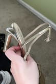 I bought these shoes about a month ago for a wedding I was in, and the heel pulled right out of the sole as soon as the ceremony was over. I wore these shoes for a grand total of 1 hour before they were completely unusable, and all I did was walk down the aisle and inside the venue. Not to mention, they are so uncomfortable. Do NOT buy these, no matter how cute you think they are. - Sarah C.