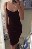 I found this on sale and was SO pleasantly surprised.  I'm normally a 0 so I got an XS and it fits like a dream and hugs all my curves. Beautiful velvet in a rich burgundy color. Wore it for my birthday and got so many compliments!!! - Elaine L.