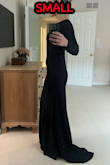 Because of the train, it puts it in the formal gown category. I have an athletic physique and my go-to dress would be a stretchy material to hug in all the right places, being tighter around my waist. This dress is made with a very thick stretchy matte-feel material. With all the reviews I read, I was torn on getting a small or X-small. So I got both. Unfortunately I was inbetween the two sizes.
X-SMALL PROS: Very snug throughout the waist and thighs. Because of the snug waist, it lays nicely at the lower back curvature going down into my bottom. Perfect length.
CONS: Very tight around the bust and ribs. Bust is pushed, every rib exposed. Sleeves are very tight. I needed to pull up on the sleeves throughout to fit under my armpit. I had to tug on the top shoulder area to avoid it from slipping.
SMALL PROS: Fits better on the top area.
CONS: Looser from waist down, & not snatched around the lower waist.
I went with the Small. - Chayo H.