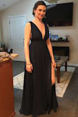 I love this dress! It does fit a little snug in the chest but I did order a small when I probably should have ordered a medium. I wanted it to fit snugly so the straps did not fall off my shoulders. You cannot wear a bra with this either so I used fashion tape to stick the dress to my chest area and it worked amazingly well! The dress is made very well with heavier fabric - great for a fall or winter event!

I have worn it twice already to two black tie weddings and received so many compliments. I love the length (at 5'8 with 4 inch heels, it still brushes the floor) and the slit, so sexy!! Overall, it is an amazing dress! - Toni S.