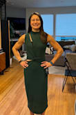 Ordered this in green and black, S and M as I'm slightly between sizes on the sizing chart. Had to find a dress for a birthday/dance party in a HURRY. Ended up keeping the smalls in both colors. This is a *very* cute dress, simple and elegant but with enough design details to be interesting and unique. It's a bit stretchy, super comfortable, and the back zip is just enough to help you slip it on over your hips. It's a *bit* challenging to unzip and zip all the way by yourself, but I managed it when I had to!
The fabric is mesh, but quite fine, and it's well-lined, so the overall effect isn't cheap, and it's. very comfortable/smooth against the skin. The little twist detail is cute & flattering IMO.
The only downside I found is that the chest slit will show ANY bra or stick-on - the model must be braless? (In my pics I had a sports bra on, but even a little regular bra really showed). I had to solve the problem by hand-sewing about 1.5" of the slit to make it shorter/cover my bra. But it worked great! - Maia C.